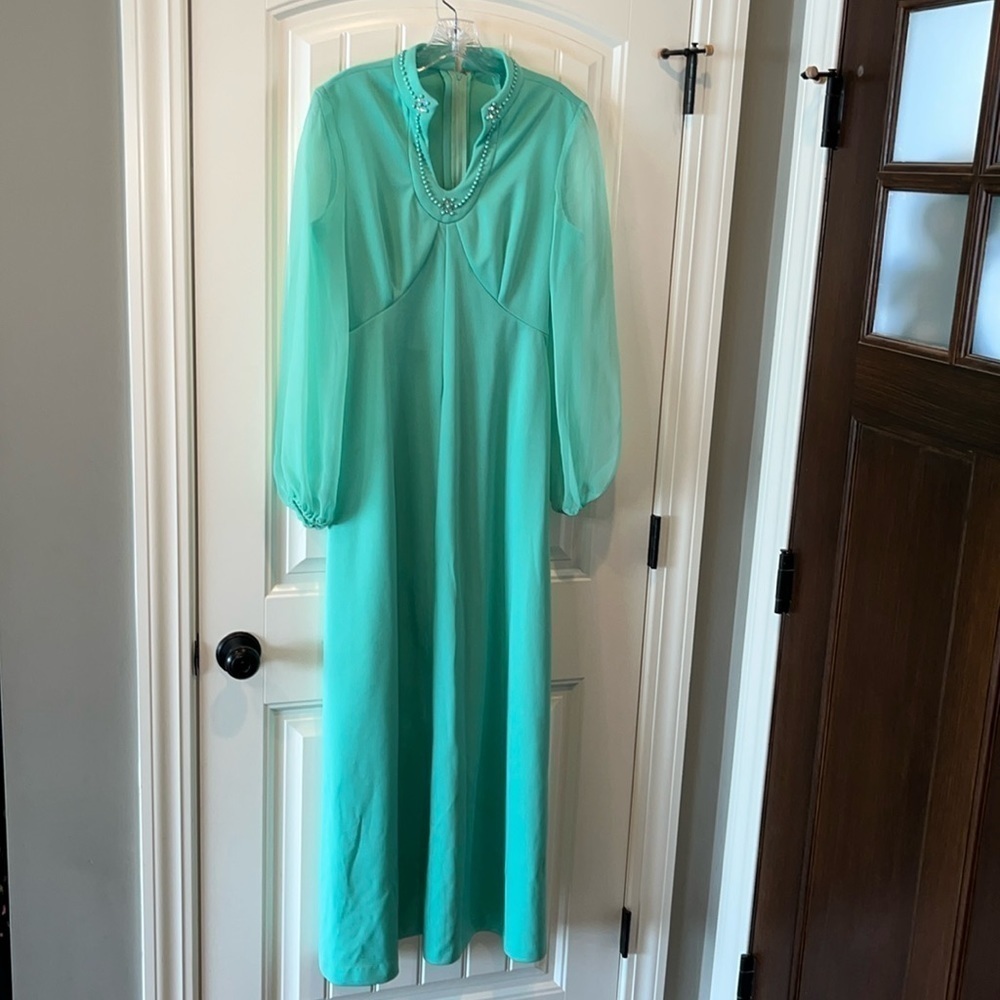 Mint green vintage mod 60s 70s long sheer sleeve maxi dress beaded neckline S
